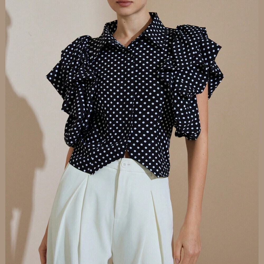 Black Polka Dot Ruffle Sleeve Collared Crop Blouse